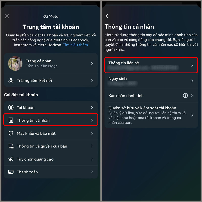 Chọn Thông tin cá nhân và chọn Thông tin liên hệ