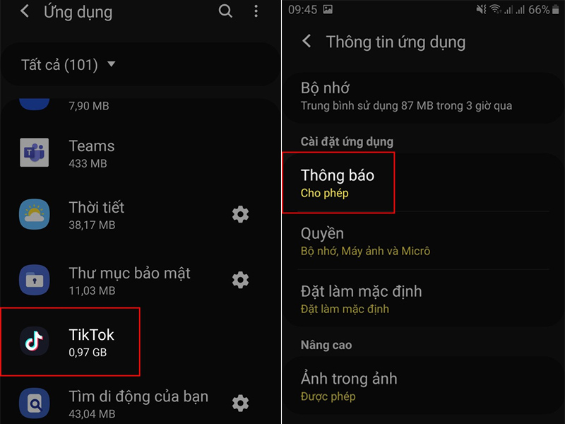 Chọn TikTok và chọn Thông báo