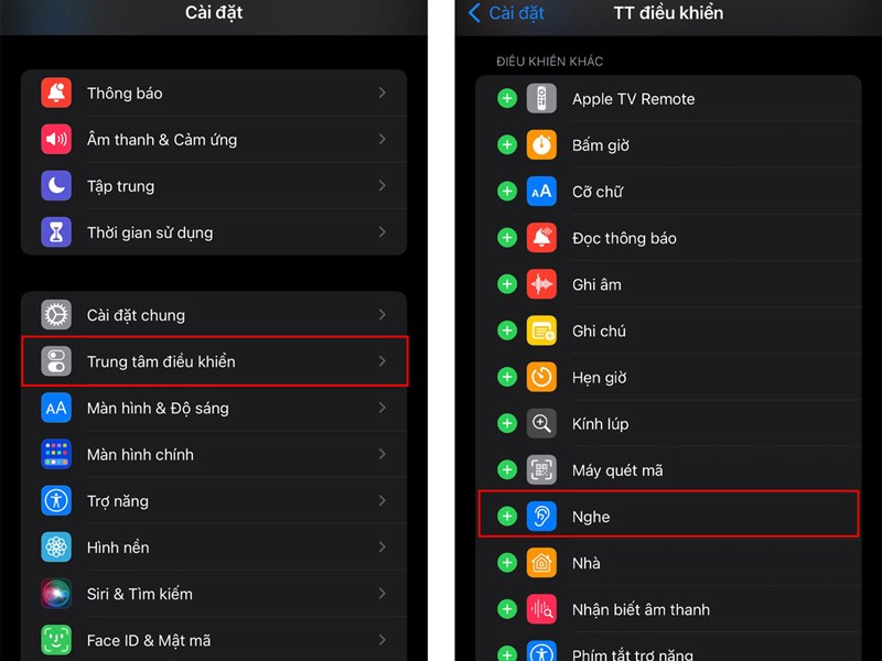 Chọn Trung tâm điều khiển và chọn biểu tượng dấu cộng bên mục Nghe