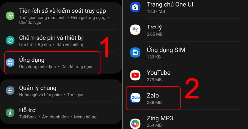 Chọn Ứng dụng và chọn Zalo trên điện thoại Android