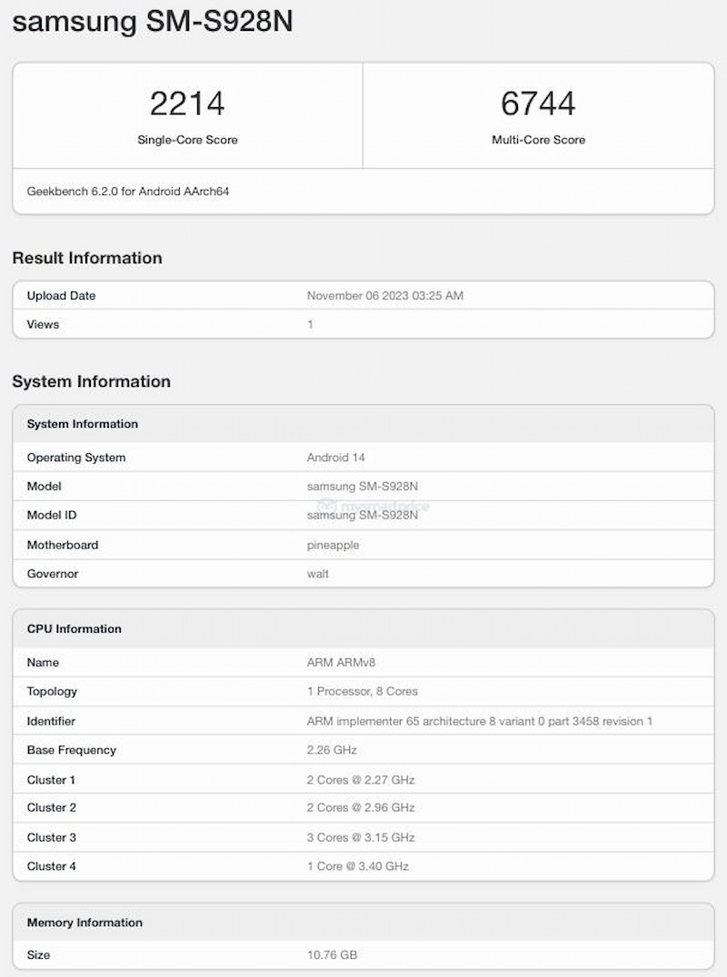 Galaxy S24 Ultra bản Hàn Quốc trên Geekbench