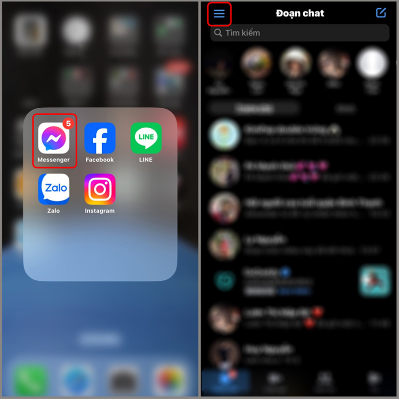 Vào ứng dụng Messenger và chọn biểu tượng 3 gạch ở góc trên bên trái