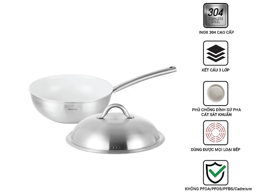 Chảo sâu Inox 3 lớp Edelkochen chống dính Ceramic 28cm nắp Inox EC-228N của thương hiệu Hàn Quốc