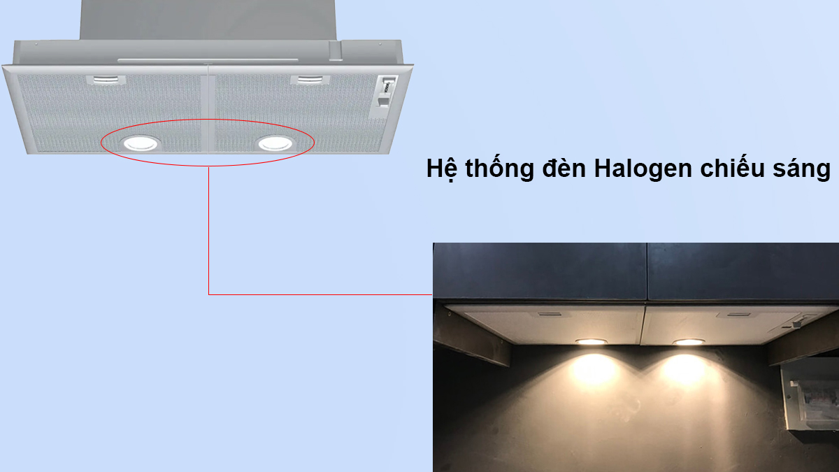 Hệ thống đèn Halogen máy hút mùi âm tủ Bosch DHL755BL