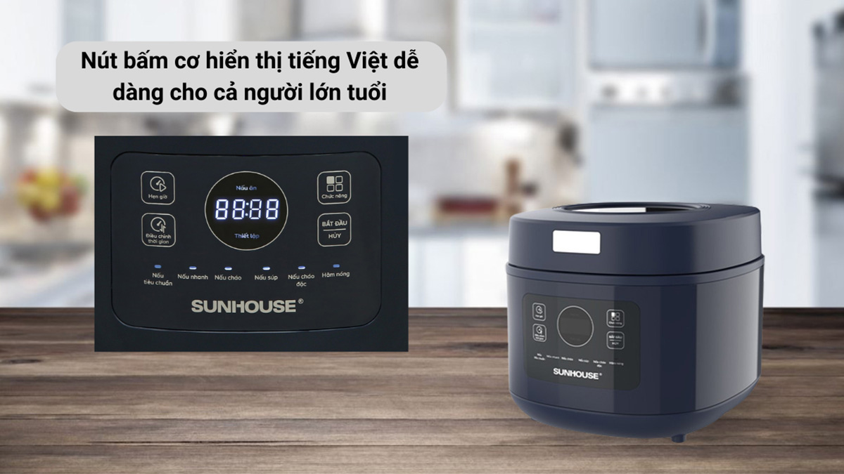 Sunhouse SHD8802 có bảng điều khiển với nút bấm cơ hiển thị tiếng Việt
