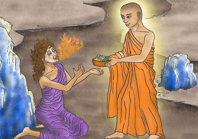 Tranh vẽ Đại Đức Mục Kiền Liên dâng cơm cho mẹ nhưng thức ăn hóa lửa