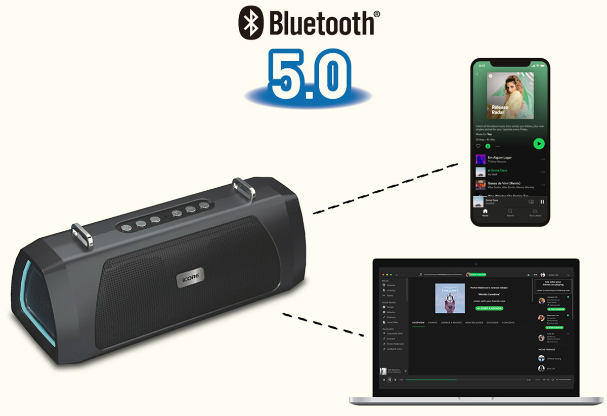 Loa bluetooth iCore được trang bị phương thức kết nối Bluetooth 5.0