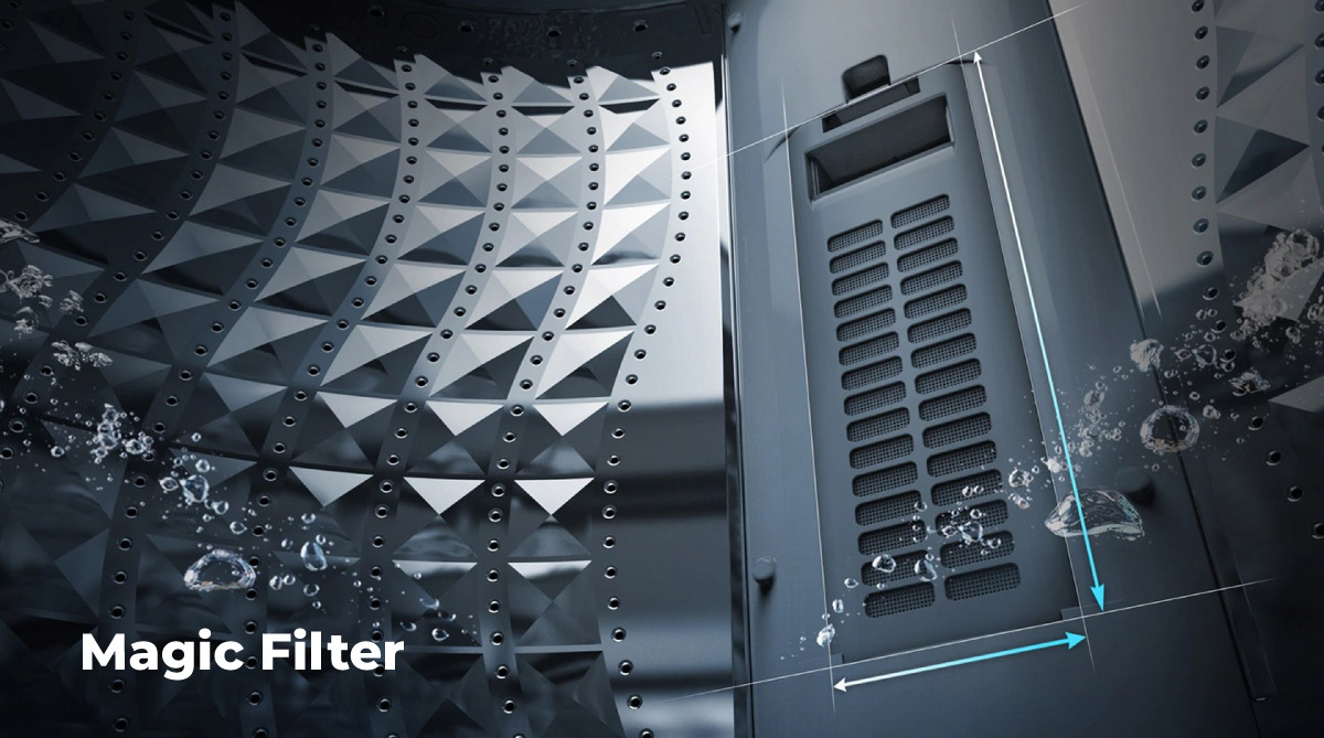 Bộ lọc Magic Filter giúp hạn chế tình trạng tắc nghẽn đường ống máy giặt
