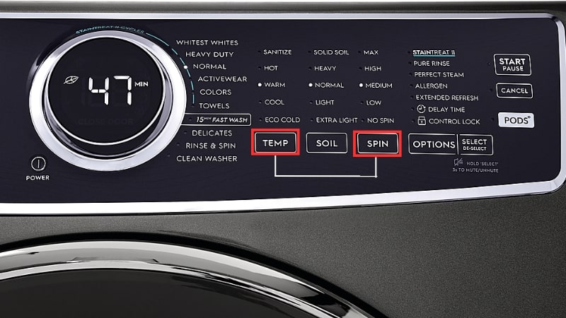 Nút “Temp” và “Spin” trên bảng điều khiển máy giặt Electrolux