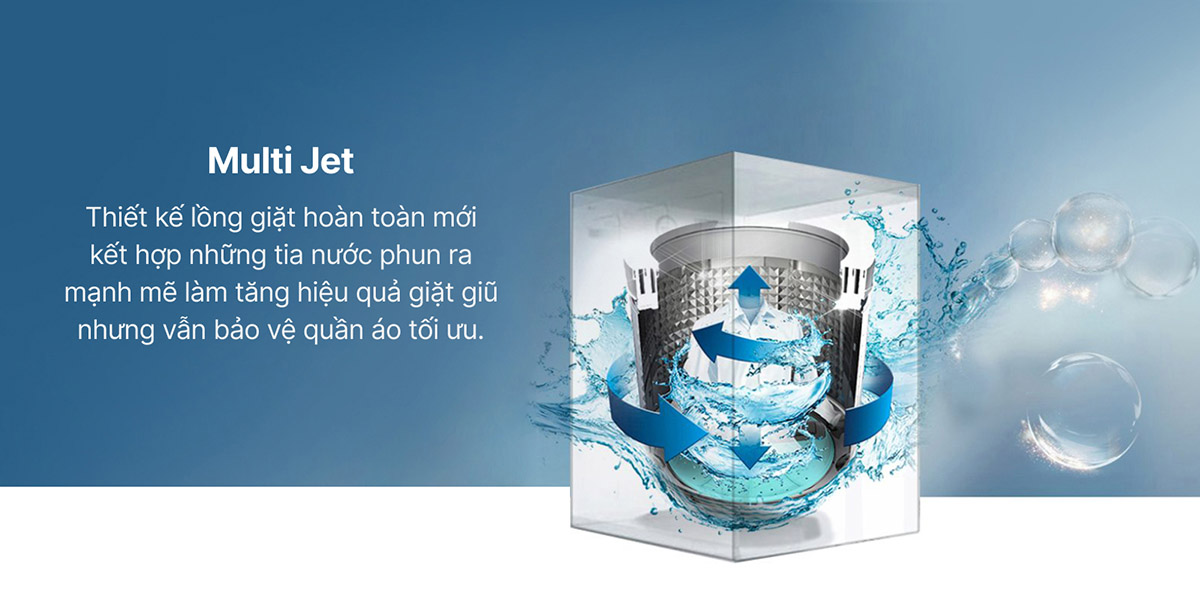 Công nghệ giặt nhiều luồng nước phun MultiJet giúp đánh bật vết bẩn cứng đầu