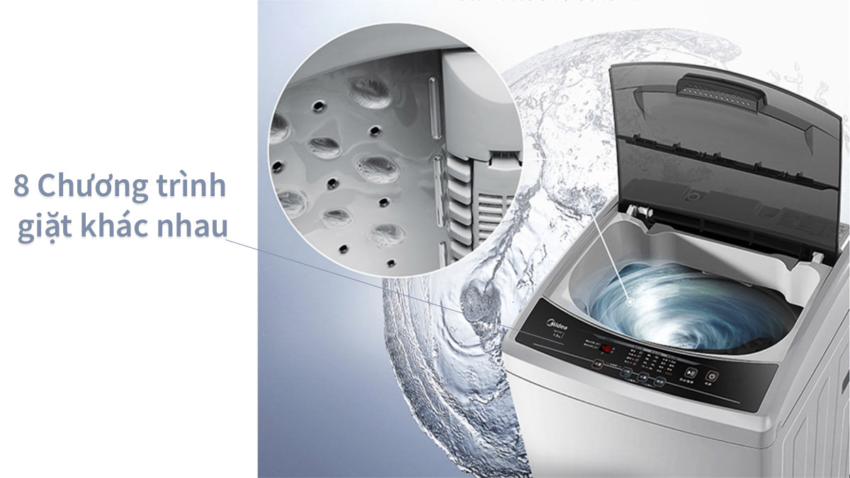 Máy giặt Midea MAS9501 (WB) đi kèm 8 chương trình giặt chuyên dụng khác nhau, người dùng có thể tùy chọn sao cho phù hợp với từng loại vải