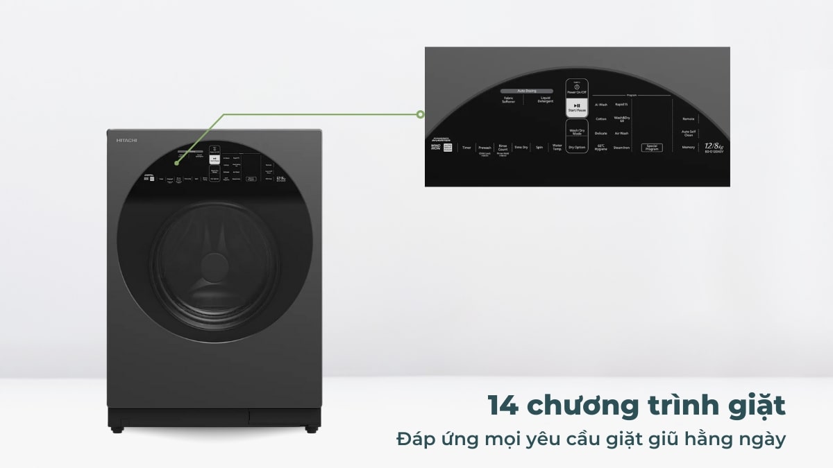 14 chương trình giặt được tích hợp sẵn trên Máy Giặt Sấy Hitachi Inverter