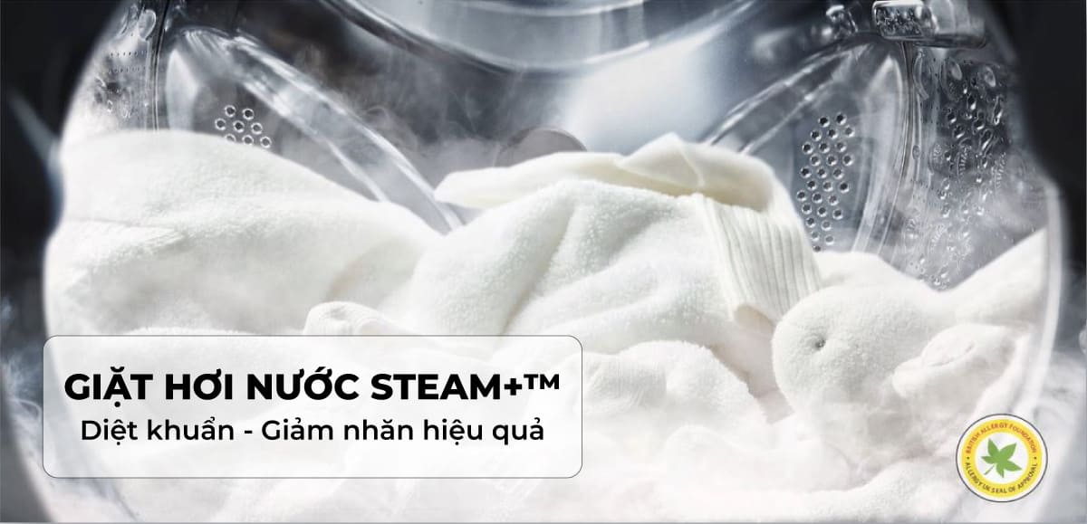 Công nghệ giặt hơi nước Steam+™ giúp diệt khuẩn và giảm nhăn cho quần áo