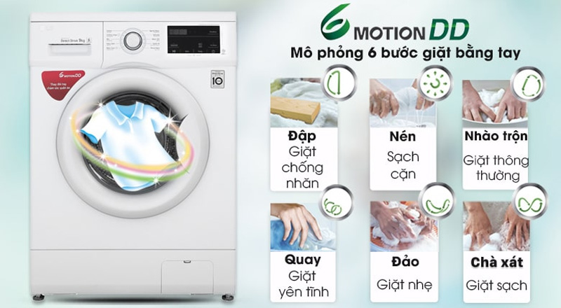 Công nghệ giặt 6 chuyển động bảo vệ quần áo tối ưu trên Máy Giặt LG Inverter 9 Kg FM1209N6W