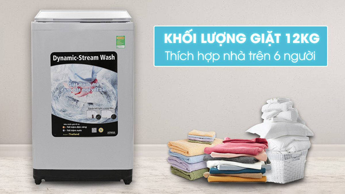 Máy giặt Hitachi 12kg SF-120XA 220-VT(COG-W) sở hữu thiết kế đơn giản, màu trắng thanh lịch
