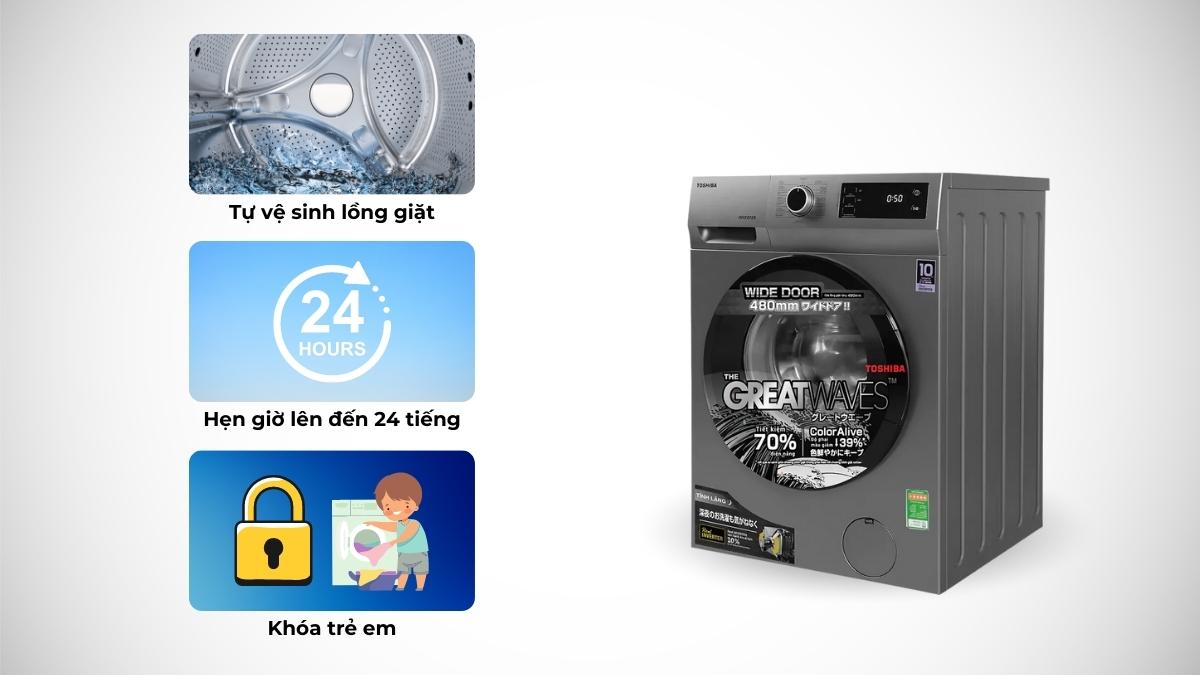 Máy giặt Toshiba được tích hợp nhiều tiện ích hỗ trợ người dùng
