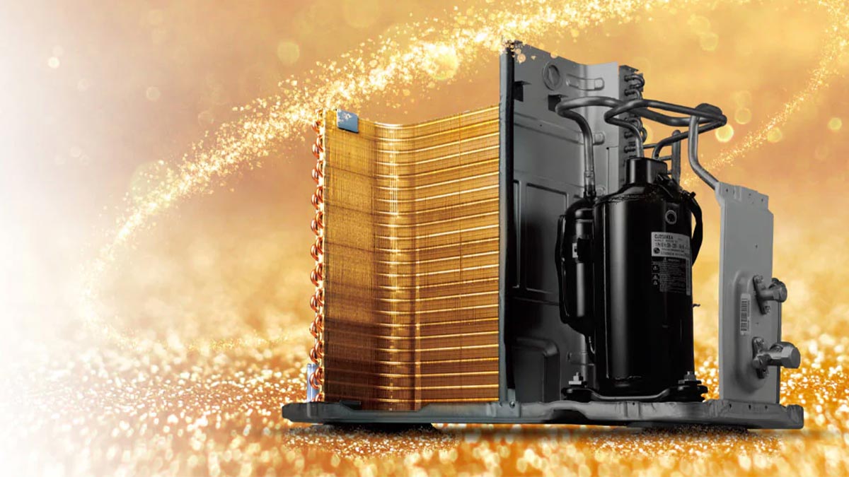 Dàn tản nhiệt bằng đồng và lớp phủ Gold Fin giúp máy lạnh LG Inverter 1 Hp V10ENW1 có khả năng vận hành lâu dài
