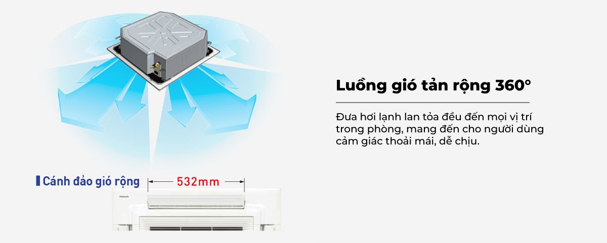 Luồng khí mạnh mẽ, tản rộng 3600 đưa hơi lạnh đến mọi vị trí trong phòng