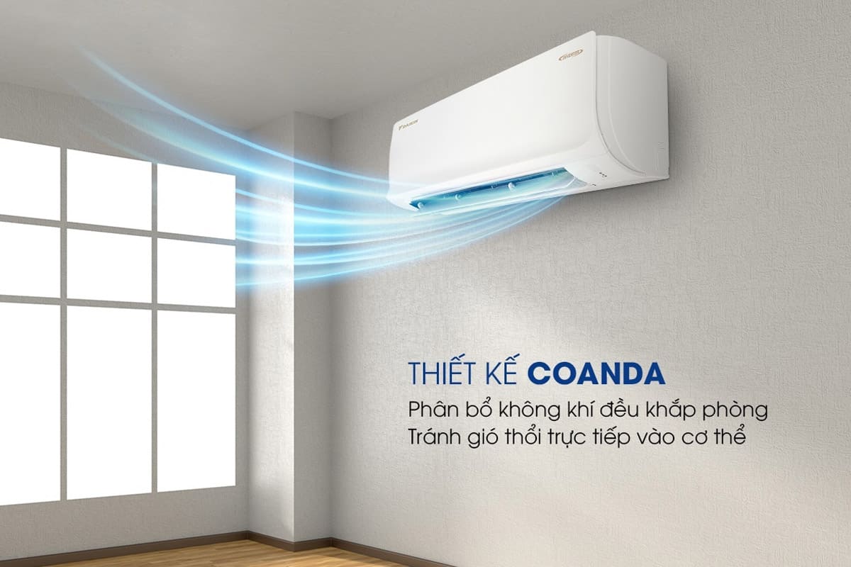 Máy lạnh Daikin Inverter 1.5 sử dụng thiết kế gió Coanda giúp làm lạnh đều căn phòng