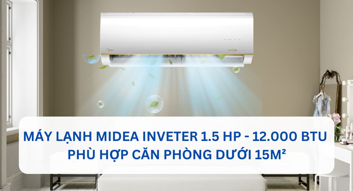 Máy lạnh Midea Inverter 1.5 HP phù hợp làm mát không gian phòng diện tích dưới 15m²