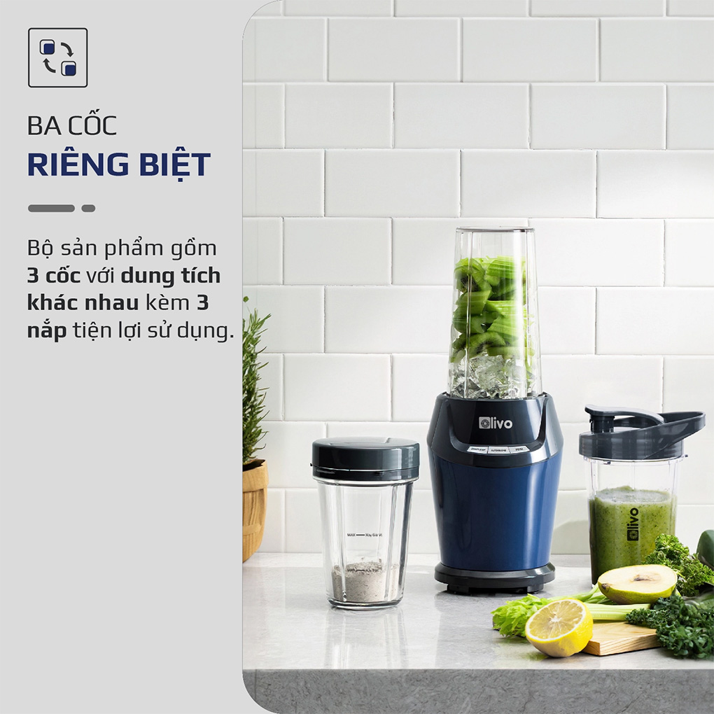 Máy xay sinh tố Mini Olivo MB100 trang bị 3 cốc xay riêng biệt 