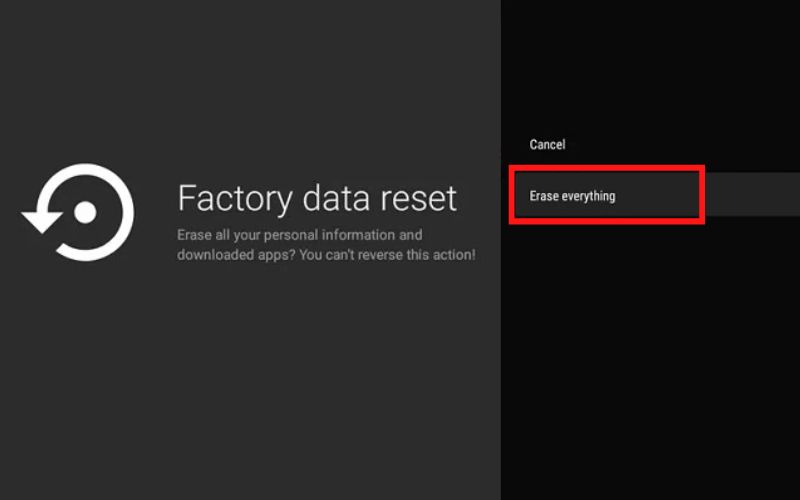 Chọn Erase everything để tiến hành reset tivi Xiaomi