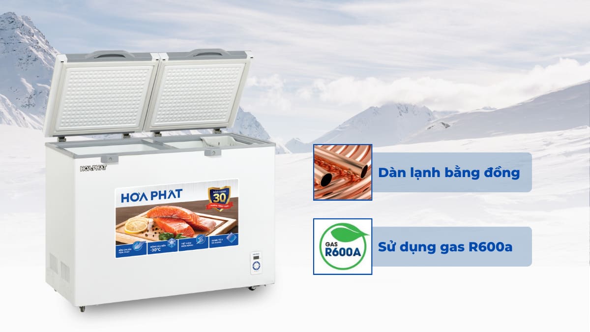 Tủ đông Hòa Phát sử dụng dàn lạnh bằng đồng và gas R600a