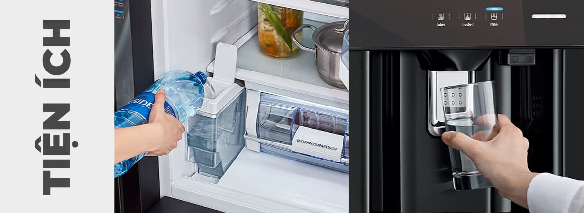 Người dùng có thể lấy nước và đá lạnh từ bên ngoài tủ tiện lợi