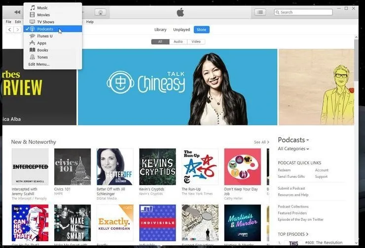 Mở iTunes trên máy tính rồi chọn Podcasts từ thanh menu.