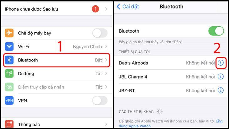 Bạn nhấn vào “Bluetooth” trong “Cài đặt” rồi bấm chọn biểu tượng chữ i bên cạnh tên AirPods.