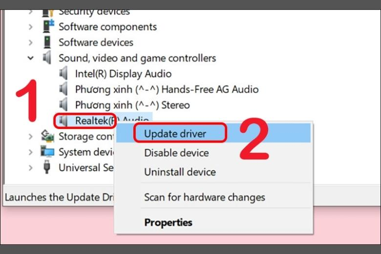 Bạn nhấn vào ““Realtek(R) Audio” rồi chọn “Update driver”.
