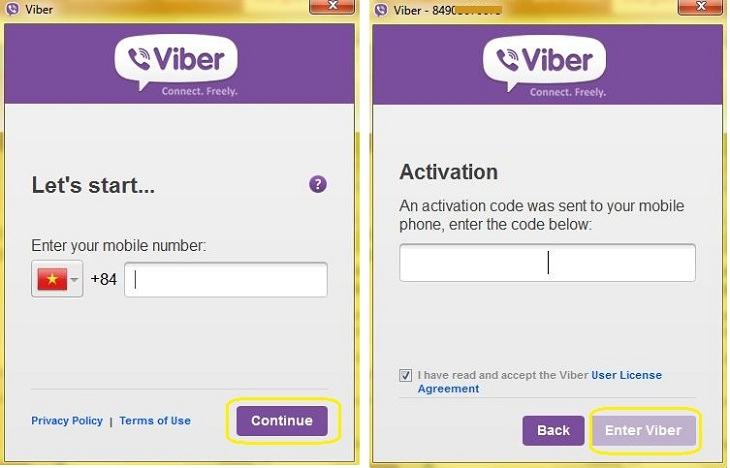 Bạn nhập số điện thoại đăng ký Viber để hệ thống gửi mã xác nhận.