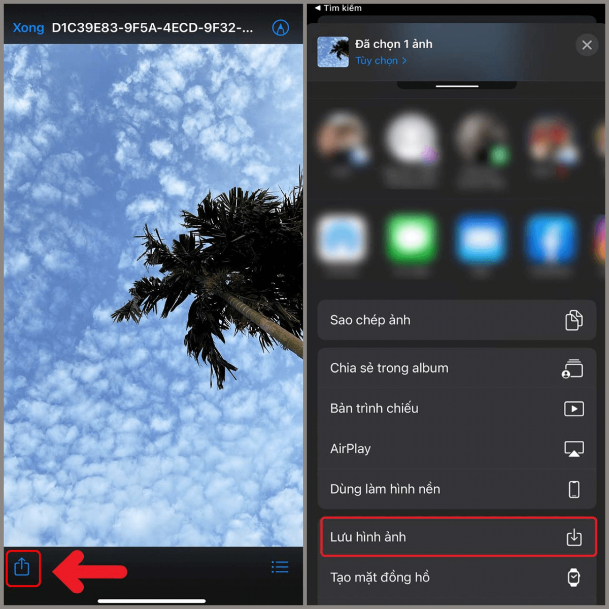 Nhấn vào nút “Chia sẻ” ở góc trái bên dưới màn hình và chọn “Lưu hình ảnh” để tải ảnh từ iCloud về iPhone mới.