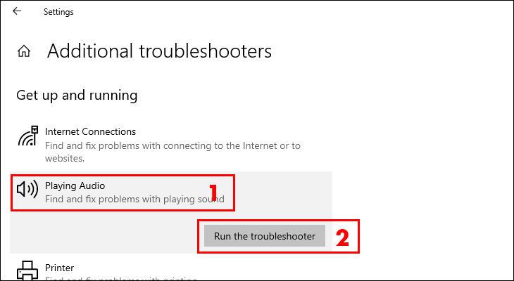 Bạn chọn “Playing Audio” rồi click vào “Run the troubleshooter”.