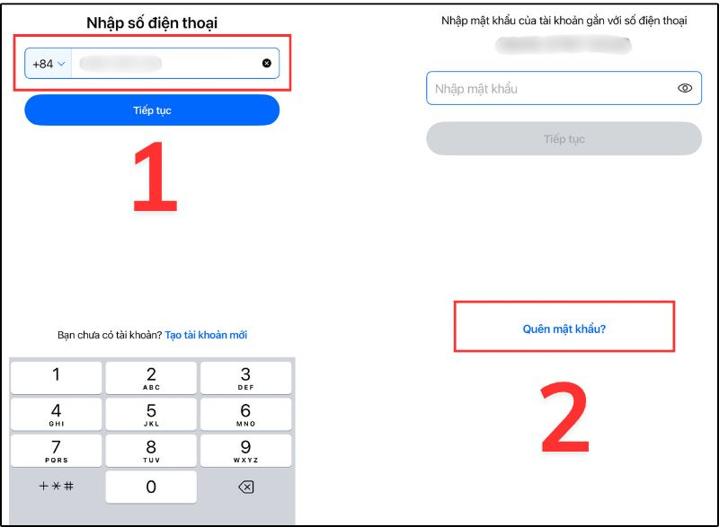 Nhập số điện thoại và bấm quên mật khẩu