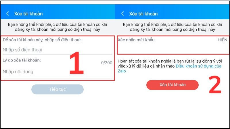 Nhập số điện thoại và xác nhận mật khẩu để xoá tài khoản