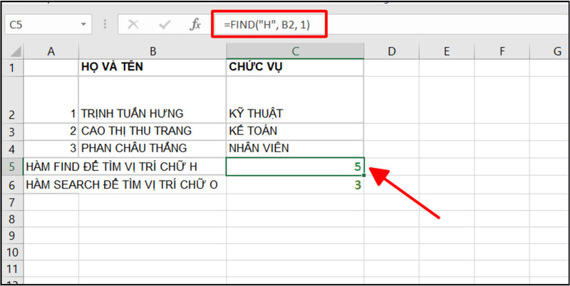 Dùng hàm FIND để tìm vị trí của ký tự “H”