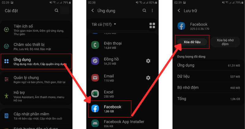 Các bước xóa dữ liệu của ứng dụng Facebook