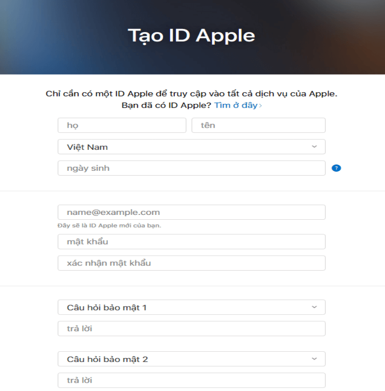 Để sử dụng iCloud, trước tiên người dùng hãy đăng ký Apple ID bằng cách nhập vào thông tin cần thiết như hình.