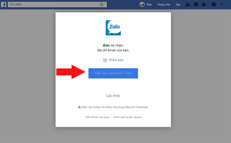 Sau khi chọn Tiếp tục dưới tên [Tên Facebook của bạn], bạn chỉ cần điền mã OTP được Zalo gửi về điện thoại là đã có thể đăng nhập Zalo.