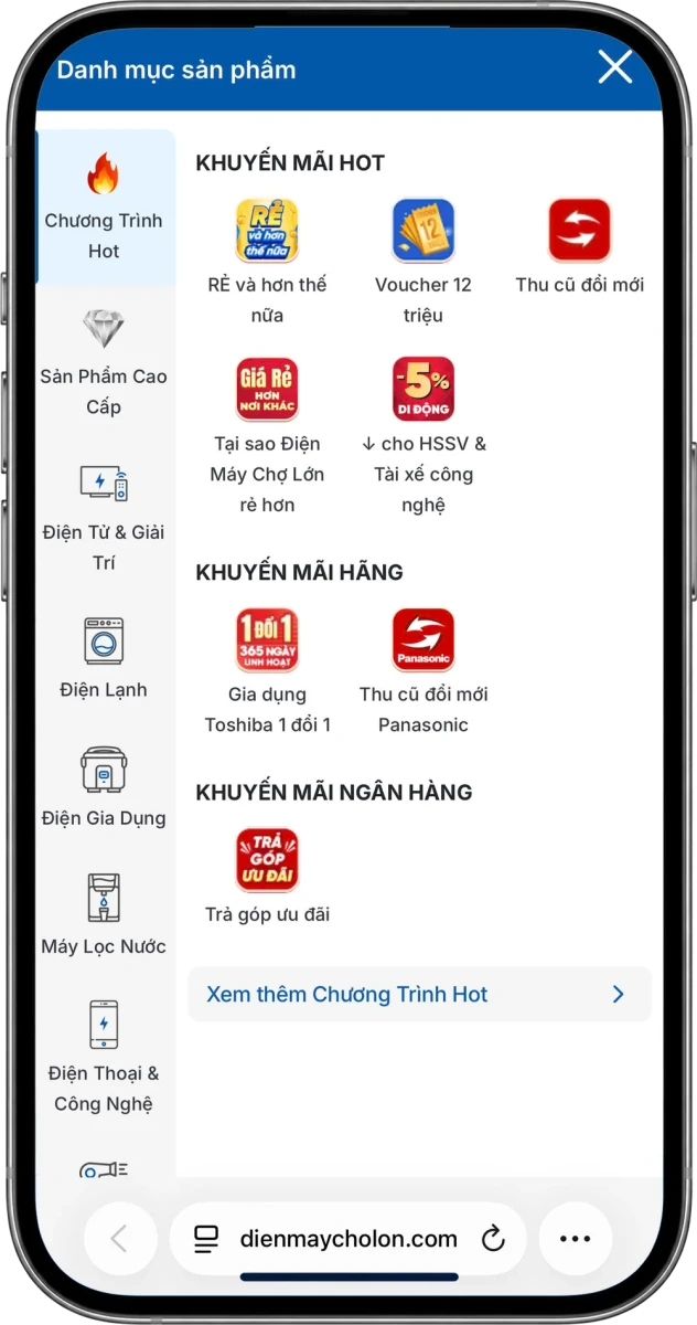 Menu Chương trình Hot trên website Điện Máy Chợ Lớn