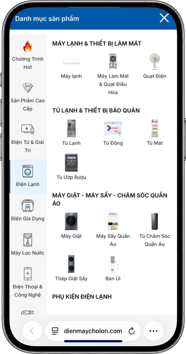 Menu nhóm Điện lạnh trên website Điện Máy Chợ Lớn