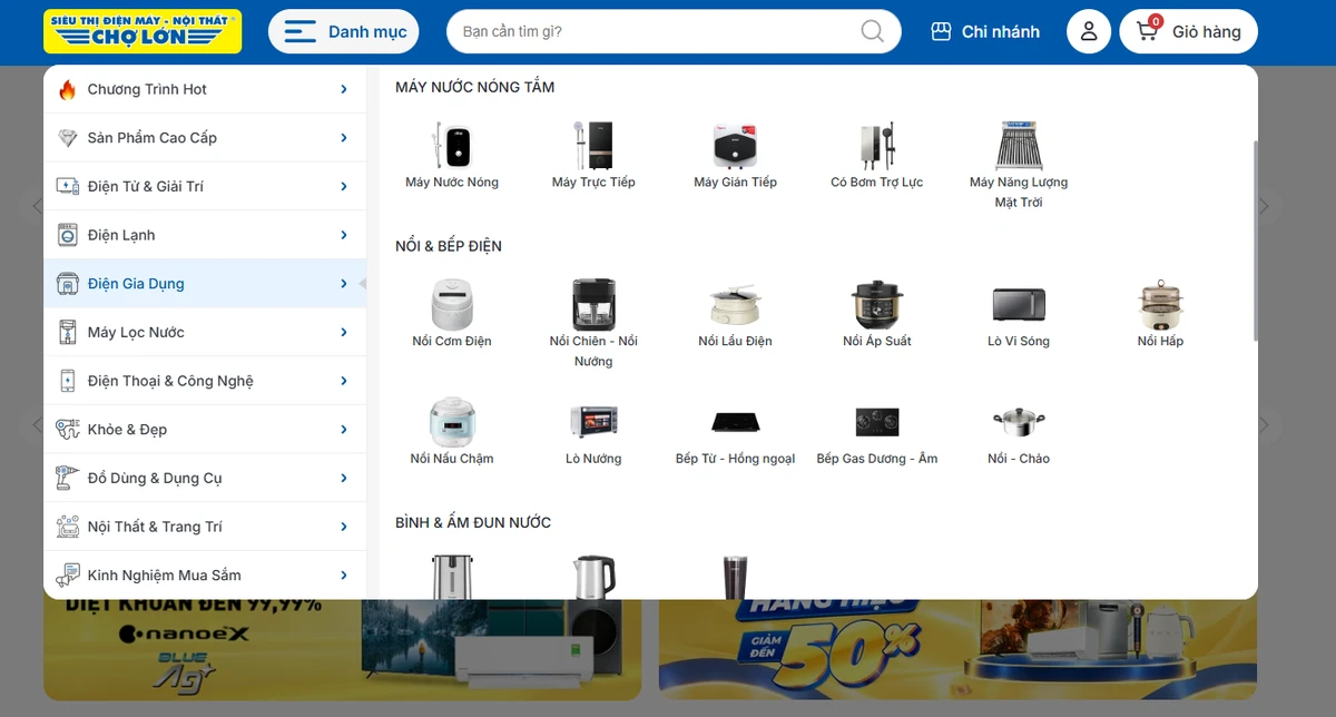 Menu Danh mục trên website Điện Máy Chợ Lớn phiên bản máy tính