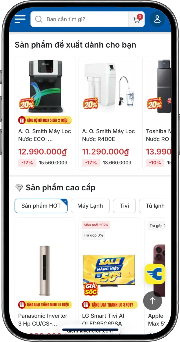 Khu Sản phẩm đề xuất và Sản phẩm cao cấp trên trang chủ