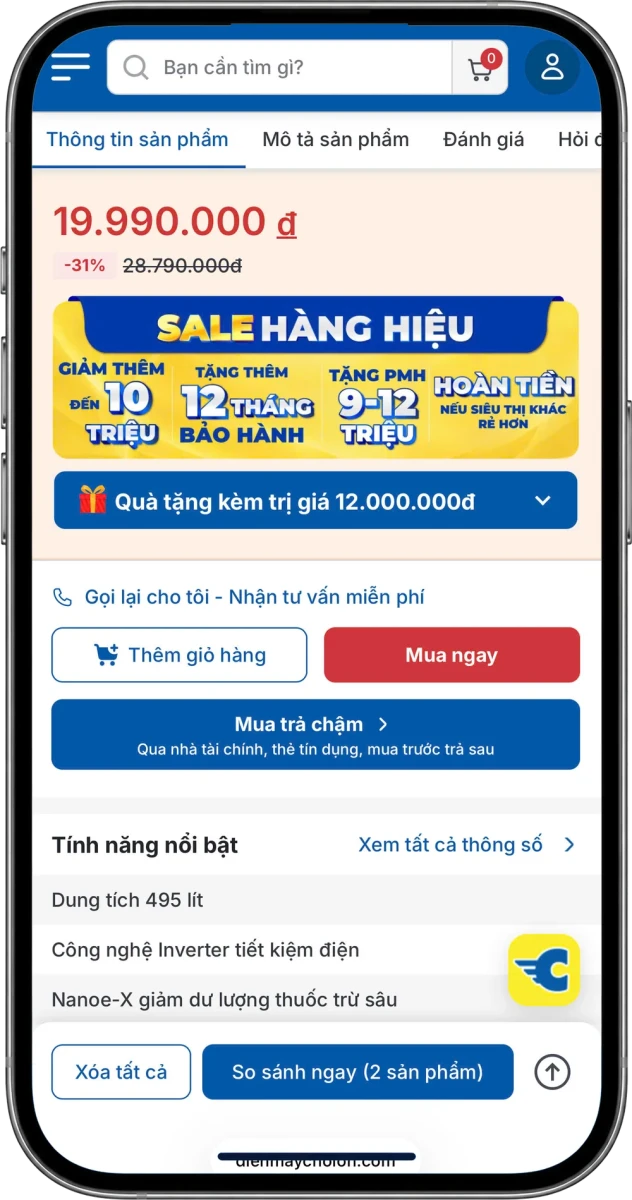 Giá, quà tặng và nút mua trên trang chi tiết sản phẩm