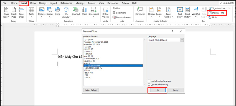 Chèn ngày giờ vào tài liệu Word