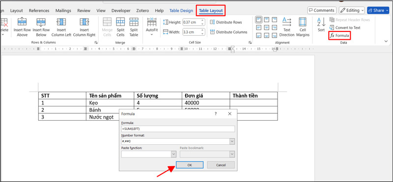 Tính toán bằng công cụ Formula