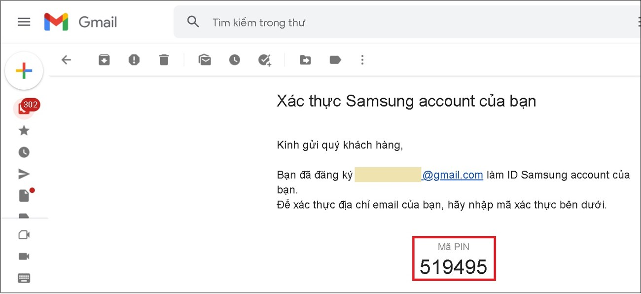 Bạn truy cập Gmail để nhận mã xác thực của Samsung Account.