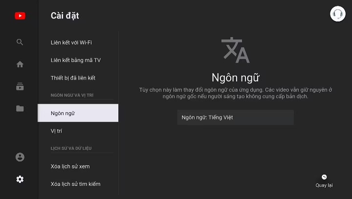 Vào mục Cài đặt trên Youtube và chọn Ngôn ngữ.
