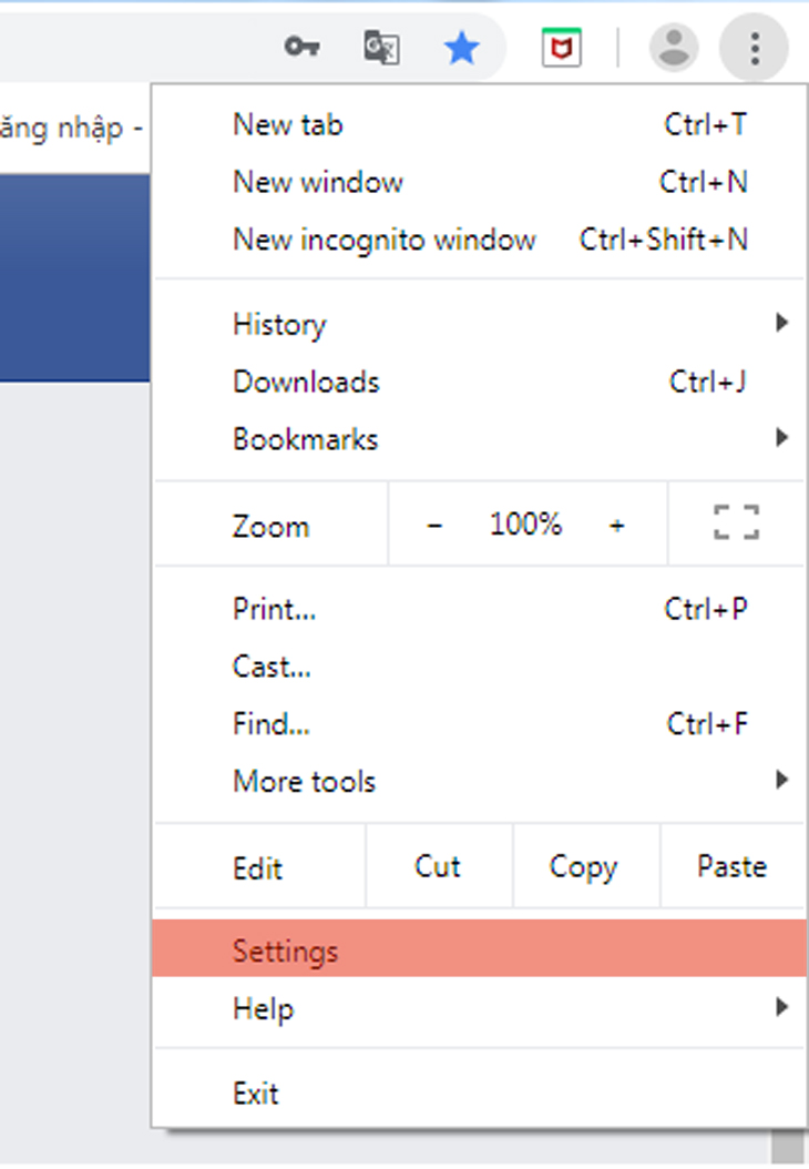 Bạn nhấn vào dấu ba chấm trên trình duyệt Chrome rồi chọn “Settings”.